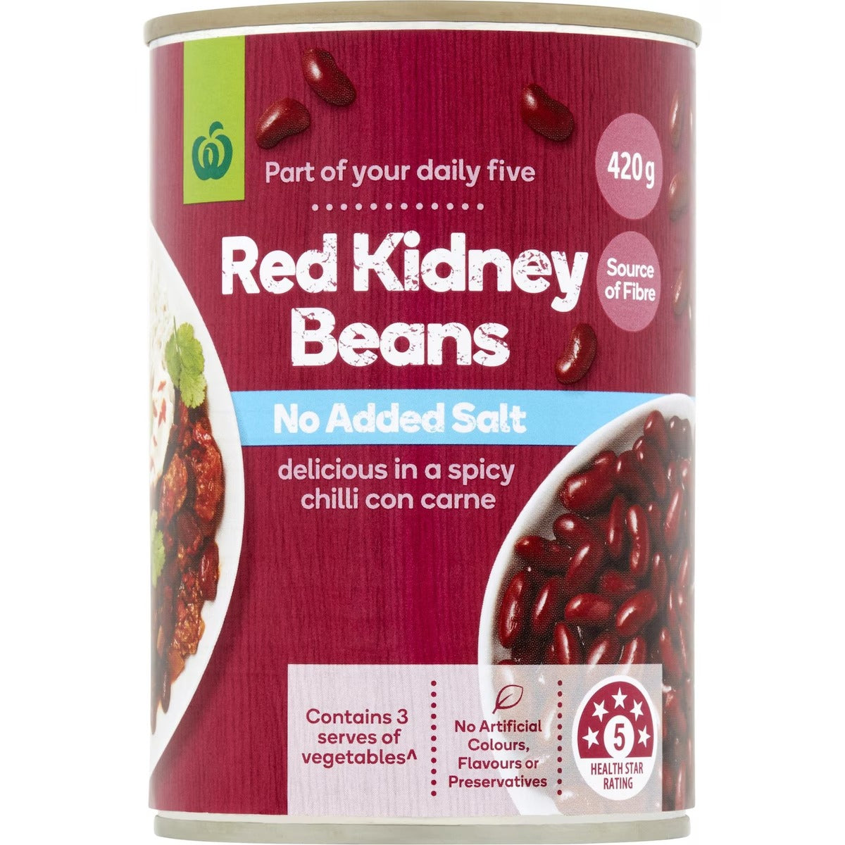 Woolworths Beans Red Kidney (No Added Salt) 420g